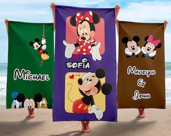 Personalized Disney Beach Towels, Best Gift for Kids and Adults, Mickey & Minnie Custom Name Summer Ideal Gifts, Disney Vacation Accessory