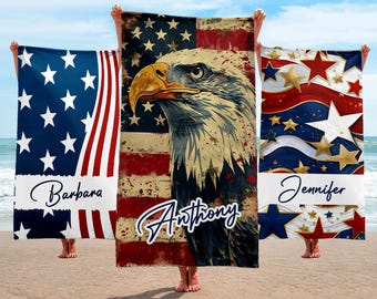 Personalized Patriotic Towel, USA Flag, 4th of July Gift, Custom Name Beach Towel for Men & Women, Military Appreciation Gifts, Veterans Day