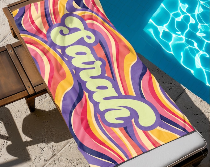 Retro Personalized Beach Towels Adult/ Kids, Girls Beach Towel, Custom Towels, Groovy Custom Pool Towel, Neon Towel, Vacation Birthday gift