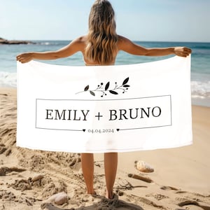 Personalized Name Beach Towel, Anniversary gift, His and Hers Newlywed Gift, Just Married Bride Gift, Wedding Honeymoon Gift, custom towel