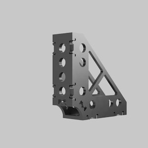 May include: A grey, right-angle bracket with multiple circular and rectangular cut-outs. The bracket has a triangular support structure and is designed for structural applications. The object is made of metal.