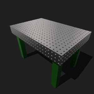 May include: A metal welding table with a perforated surface and green legs. The table is rectangular and has numerous evenly spaced holes across its surface. The legs are a solid green color, providing support to the table.