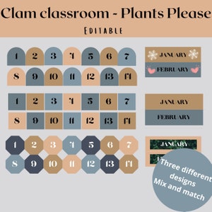 May include: Three different designs for a classroom calendar with numbers 1-14 in brown, blue, and beige. The calendar has the months January and February with snowflake and heart designs. The text "Three different designs Mix and match" is at the bottom.