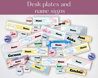 Cute pastel desk plates & name signs for classrooms and schools | Cloud theme |Name Plates | Desk Plate Tags | Editable | instant download