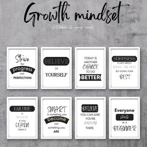 Growth mindset classroom posters, simple black and white or create your own