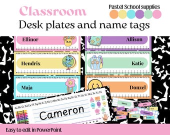 May include: Pastel-colored classroom desk plates and name tags. Each plate features a name, a ruler, and a decorative illustration. The design includes a variety of colors and illustrations, with the text "Classroom Desk plates and name tags".