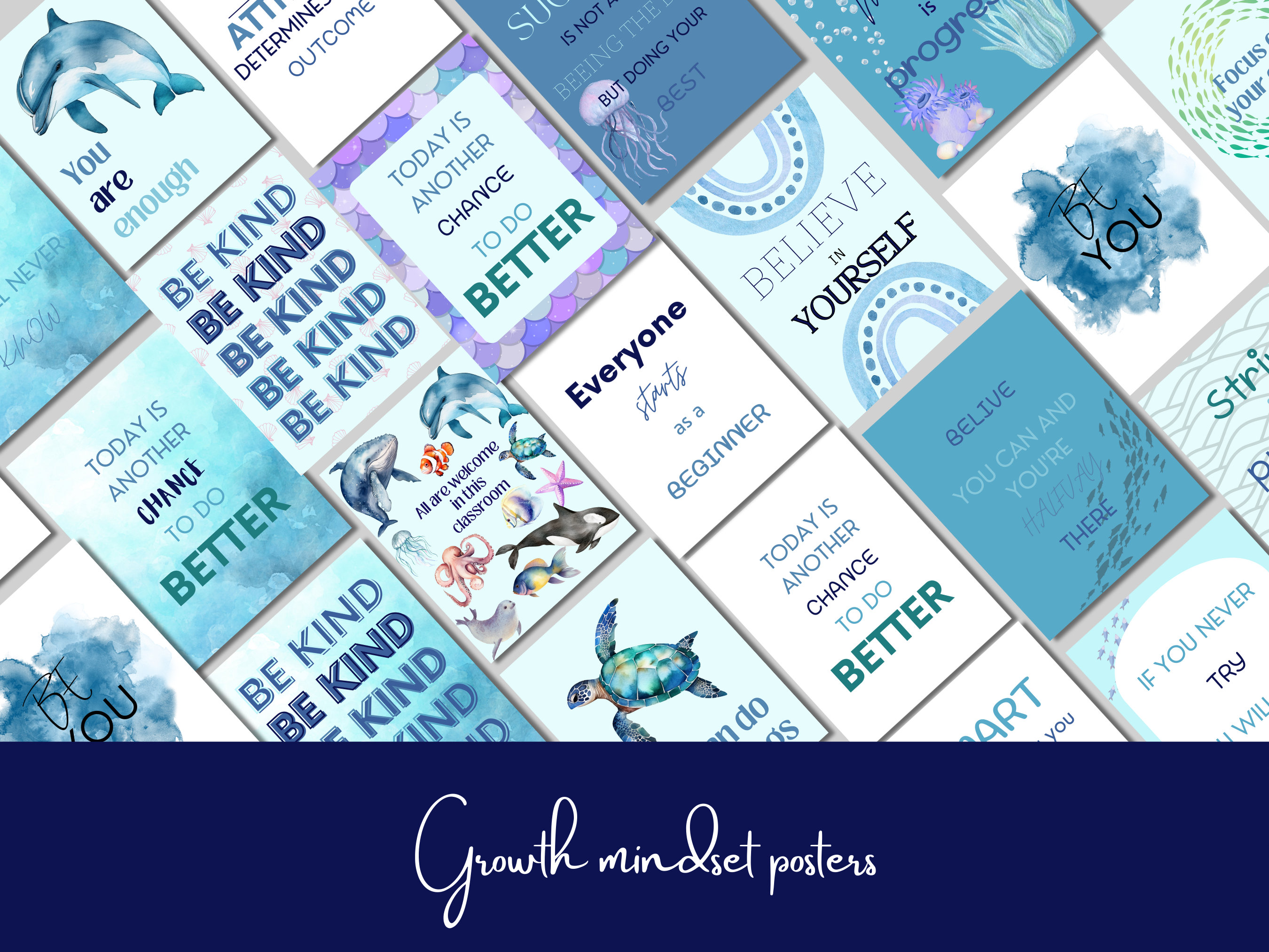 Growth mindset motivational posters for an ocean themed classroom | classroom decor | instant download