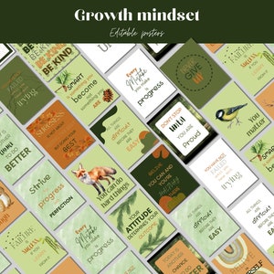 May include: A set of 20 printable posters with motivational quotes about growth mindset, success, and kindness. The posters feature a green and orange color scheme with illustrations of animals and nature.