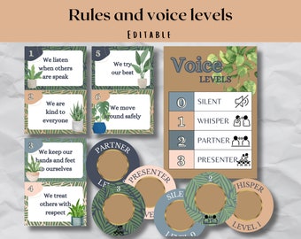 Peut inclure: Tableau des règles de la classe et des niveaux de voix avec des illustrations de feuillage vert et brun. Les règles sont : Nous écoutons quand les autres parlent, Nous sommes gentils avec tout le monde, Nous gardons nos mains et nos pieds pour nous-mêmes, et Nous traitons les autres avec respect. Les niveaux de voix sont : 0 Silence, 1 Chuchotement, 2 Partenaire, 3 Présentateur.