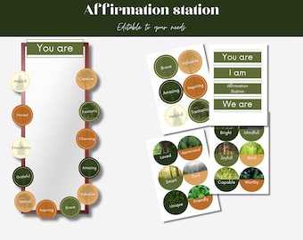 Affirmation station in a calm forest themed classroom