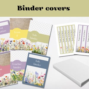May include: Printable binder covers with a floral design. The covers feature different text, including "Student Information", "Term 4", "Sub binder", "Term 2", "Teacher binder", and "Sub binder".