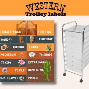 Bearbeitbare Trolley-Etiketten für ein Klassenzimmer mit westlichem Thema | Klassenzimmer Dekor Western | Schubladenschilder | Rollwagenschildern