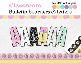 Pinnwand Bordüren & Buchstaben | Kompositions-Notizbuch Klassenzimmer Dekor | Pastell Schulbedarf | Druckbar