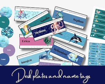 Desk plates and name tags with an ocean theme | classroom decor | into the sea | name plates and name signs