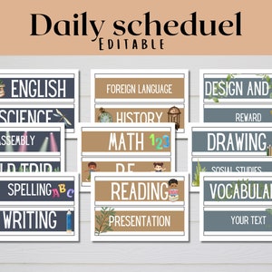 Puede incluir: Un conjunto de 10 tarjetas de horario de clase imprimibles con un tema rústico. Las tarjetas son en tonos de marrón, gris y verde con ilustraciones de libros, lápices y otros útiles escolares. Las tarjetas presentan las siguientes asignaturas: inglés, ciencias, asamblea, excursión, ortografía, escritura, idioma extranjero, historia, matemáticas, diseño y tecnología, recompensa, dibujo, estudios sociales, lectura, presentación y vocabulario.