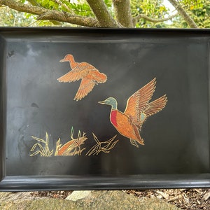 Vintage COUROC Mid Century Inlaid Tray with Ducks