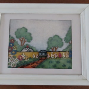 Vintage Framed Crewel Work Piece Garden Scene with House, Flowers and Trees