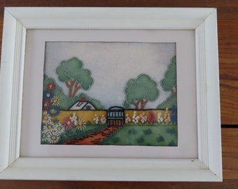 Vintage Framed Crewel Work Piece Garden Scene with House, Flowers and Trees