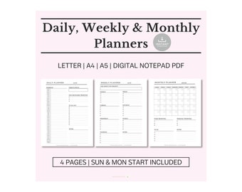 May include: A digital printable planner with daily, weekly, and monthly layouts. The planner is available in letter, A4, and A5 sizes. The text "INSTANT DOWNLOAD" is in a small circle in the top right corner. The text "4 PAGES | SUN & MON START INCLUDED" is at the bottom of the image.