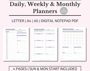 May include: A digital printable planner set with daily, weekly, and monthly layouts. The planner pages are in a light purple and white color scheme. The text on the pages reads "Daily Planner", "Weekly Planner", and "Monthly Planner". The text at the bottom of the image reads "4 Pages | Sun & Mon Start Included".
