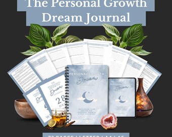 May include: The Personal Growth Dream Journal, a spiral-bound notebook, and a tablet, both with the title and a moon and star design. The image includes loose pages, a cup of tea, a geode, and a diffuser. The text reads "72 pages | Letter | A4 | A5."