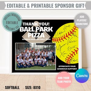 Bearbeitbares Softball-Sponsorgeschenk Druckbarer digitaler Download Vielen Dank für das Teamfoto des Softball-Sponsorings mit Unterschrift des Spielers