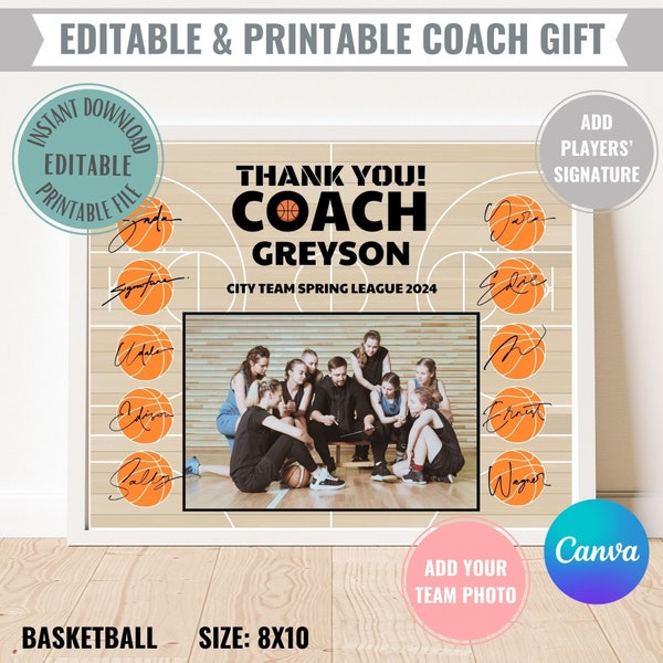 Editable Basketball Coach Gift Printable Instant Digital Download, Thank you Coach Appreciation Certificate, Team Photo for Basketball Coach