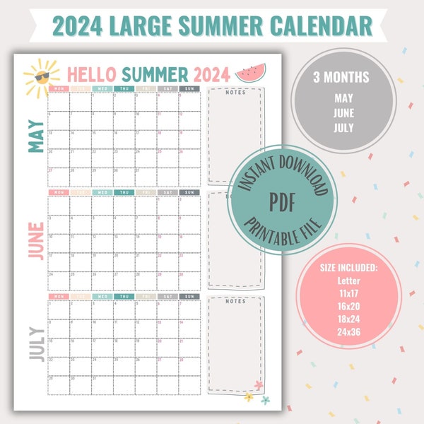 MAY JUNE JULY -Summer Calendar, Large Summer Planner, Summer Poster, Printable, Digital Download, Summer 2024, Fun Family Schedule for Kids