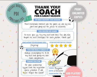 Tarjeta de agradecimiento para entrenadores de fútbol (descarga digital)