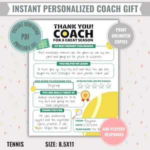 Todo sobre mi entrenador de tenis Regalo imprimible Descarga digital instantánea Tarjeta de agradecimiento personalizada para el equipo deportivo de fin de temporada Hágalo usted mismo