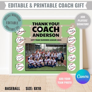 Editable Baseball Coach Gift Printable Instant Digital Download, Thank you Coach Appreciation Certificate, Team Photo for Baseball Coach DIY