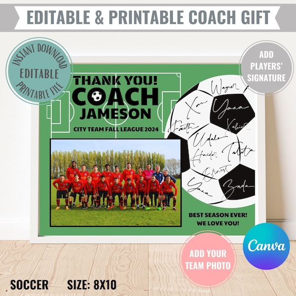 Editable Soccer Coach Gift Printable Instant Digital Download, Thank you Coach Appreciation Certificate, Team Photo for Soccer Coach DIY