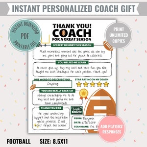 Alles über meinen Fußball-Trainer druckbares Geschenk Sofortiger digitaler Download Personalisierte Dankeschön-Karte für das Saisonende-Sportteam