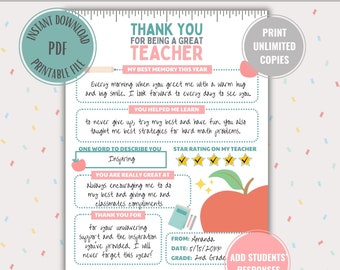 May include: Printable thank you card for a teacher with a pink and peach color scheme. The card has a section for a student to write a personal message to their teacher, including a space for a one-word description and a star rating. The card also includes a section for the student's name, date, and grade.