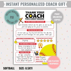 Tout sur mon entraîneur de softball, cadeau imprimable Téléchargement numérique instantané Carte de remerciements personnalisée pour l'équipe sportive de fin de saison