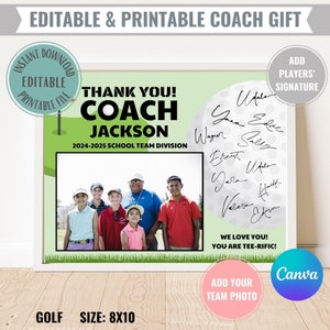 Bewerkbare golfcoach cadeau afdrukbare directe digitale download, bedankkaart waardering coach, teamfoto en handtekeningbericht