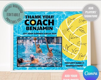 May include: A framed 8x10 inch water polo team coach gift. The design features the text "THANK YOU! COACH BENJAMIN" and "CITY TEAM SUMMER LEAGUE 2024". A team photo is included, along with a yellow volleyball and space for signatures.