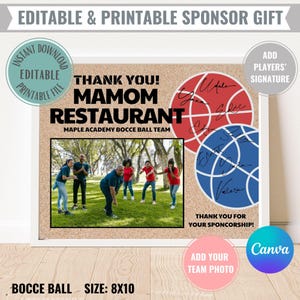 Balle de pétanque modifiable, cadeau du sponsor imprimable en téléchargement numérique, certificat de remerciement, photo de l'équipe avec la signature du joueur, bricolage facile