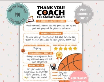 Basketball Coach Thank You Gift: Printable Team Appreciation Card (Digital Download)