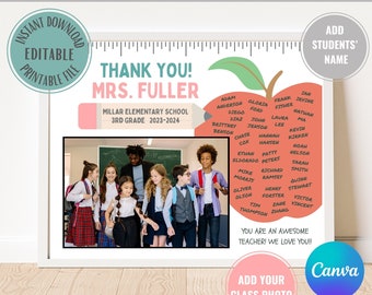 Editable Teacher Thank You Gift Printable Instant Digital Download, School Teacher Appreciation Certificate, Class Photo Classroom Picture