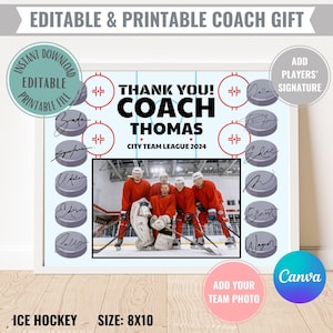 Bearbeitbares Hockey-Trainer-Geschenk druckbar Sofortiger digitaler Download, Dankeschön-Zertifikat, Teamfoto für Eishockey-Trainer DIY