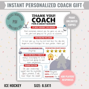 Alles über meinen Eishockey-Trainer druckbares Geschenk Sofortiger digitaler Download Personalisierte Dankeschön-Karte für das Saisonende-Sportteam