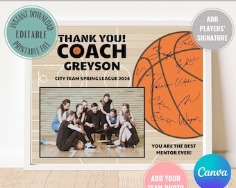 Puede incluir: Regalo de agradecimiento imprimible de 20,3 x 25,4 cm para un entrenador de baloncesto. El diseño presenta un balón de baloncesto con firmas, una foto de equipo y el texto "¡Gracias! Entrenador [Nombre] City Team Spring League 2024".
