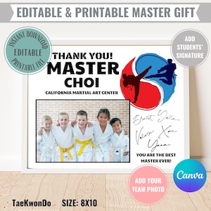 Bearbeitbares TaeKwonDo-Meistergeschenk Druckbarer sofortiger digitaler Download, Dankeschön-Zertifikatskarte, Teamfoto und Unterschriftennachricht