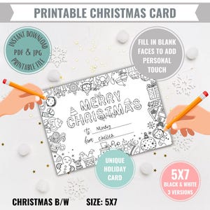 Cartolina di Buon Natale stampabile digitale da scaricare, idea di biglietti da colorare fai da te per le feste, regalo unico, creativo e divertente, scarabocchio, bianco e nero 5x7