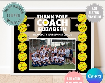 May include: A framed softball team coach gift with the text "THANK YOU! COACH ELIZABETH" and "LAGUNA CITY TEAM SUMMER LEAGUE". The design includes softball graphics, team photo space, and editable elements. Size is 8x10 inches.
