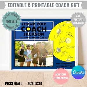 Bewerkbare Pickleball Coach Cadeau Afdrukbare Instant Digitale Download Bedankt Waardering Certificaat Foto voor Pickle Ball Team Card DIY
