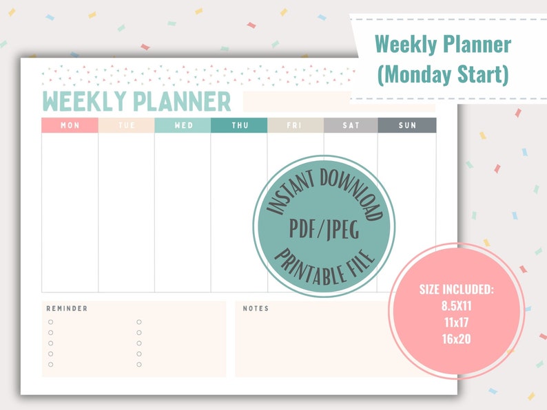 Printable Tue Monday Start Weekly Planner: Printable Schedule (PDF & JPEG) - Etsy
