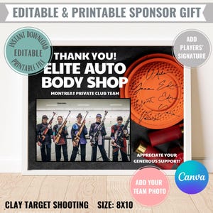 Bearbeitbares Tonziel-Trap-Shooting-Sponsorgeschenk Druckfertiger Sofortiger digitaler Download Danke Anerkennung Zertifikat Team Foto Unterschrift
