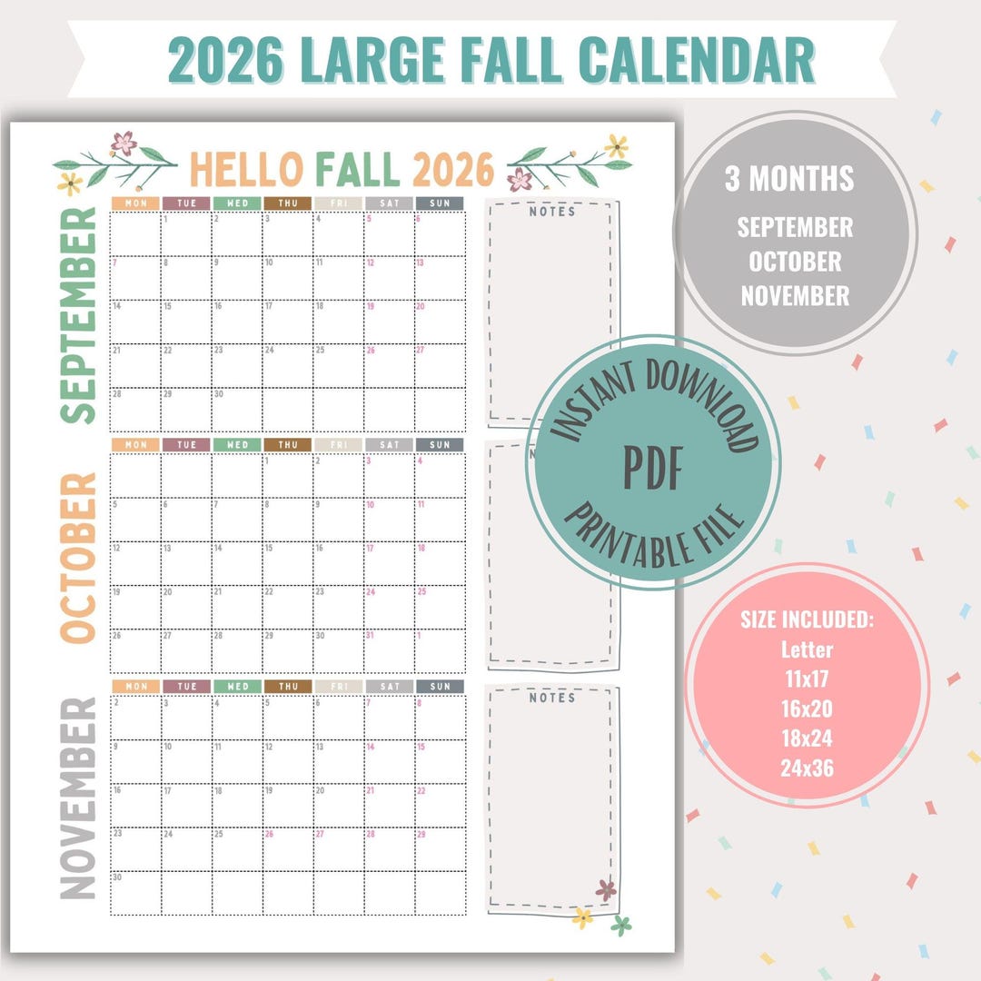 Fall Calendar 2026: Large 3-month Planner (digital Download) - Etsy